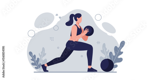 A modern flat design illustration portrays a fit woman performing a lunge exercise with a medicine ball, emphasizing health and active lifestyle.