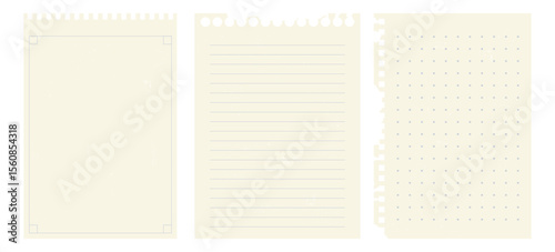 Paper sheets from a notepad. Set of realistic pages with texture. Collection of sheets with lines and cells.