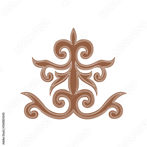 Complex ethnic vector ornament inspired by Kyrgyz nomadic heritage. Elegant symmetrical design with tribal swirls and curves. Ideal for folk art, logo, and decor.