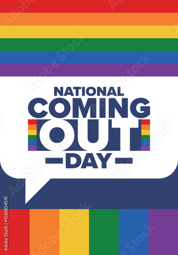 National Coming Out Day. Happy holiday. Pride month. LGBT rainbow flag. Diversity and equality. Gay and lesbian. Free love, heart shape. Illustration. Vector poster