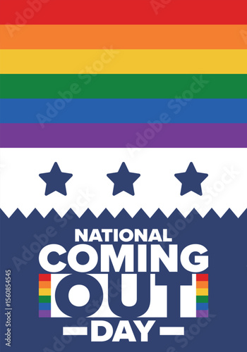 National Coming Out Day. Happy holiday. Pride month. LGBT rainbow flag. Diversity and equality. Gay and lesbian. Free love, heart shape. Illustration. Vector poster