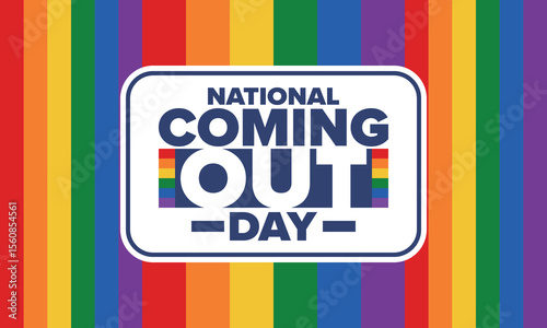 National Coming Out Day. Happy holiday. Pride month. LGBT rainbow flag. Diversity and equality. Gay and lesbian. Free love, heart shape. Illustration. Vector poster