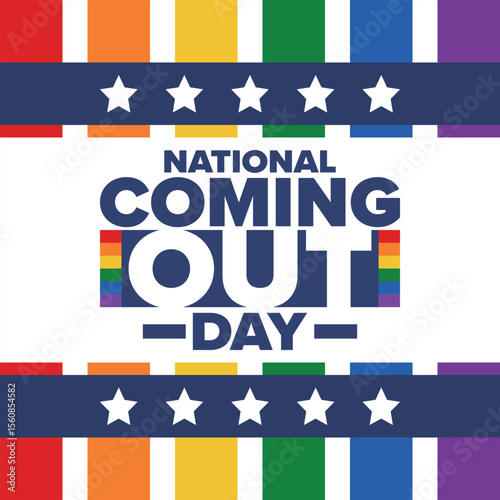 National Coming Out Day. Happy holiday. Pride month. LGBT rainbow flag. Diversity and equality. Gay and lesbian. Free love, heart shape. Illustration. Vector poster