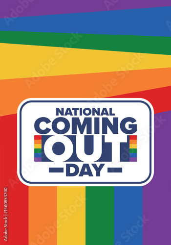 National Coming Out Day. Happy holiday. Pride month. LGBT rainbow flag. Diversity and equality. Gay and lesbian. Free love, heart shape. Illustration. Vector poster