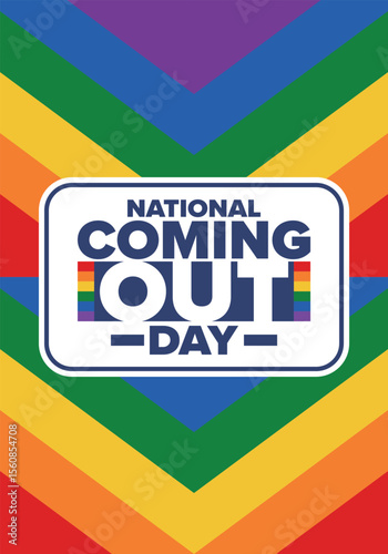National Coming Out Day. Happy holiday. Pride month. LGBT rainbow flag. Diversity and equality. Gay and lesbian. Free love, heart shape. Illustration. Vector poster