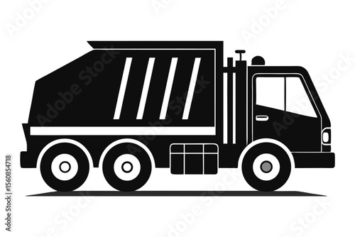 Silhouette illustration of a garbage truck with white lines and visible tires