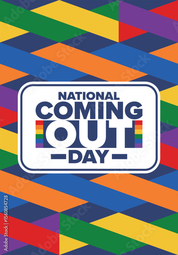 National Coming Out Day. Happy holiday. Pride month. LGBT rainbow flag. Diversity and equality. Gay and lesbian. Free love, heart shape. Illustration. Vector poster