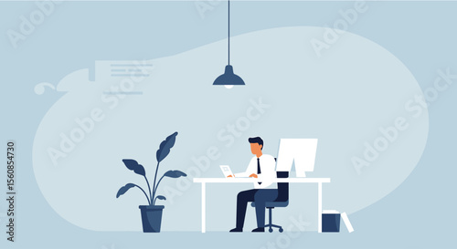 A man is seated at a desk in an office, working on a computer with a plant beside him and a lamp overhead. Suitable for landing page, banner, marketing, web design, presentation, infographic, etc.