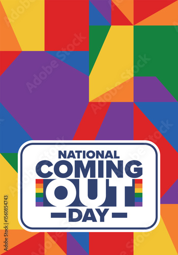 National Coming Out Day. Happy holiday. Pride month. LGBT rainbow flag. Diversity and equality. Gay and lesbian. Free love, heart shape. Illustration. Vector poster