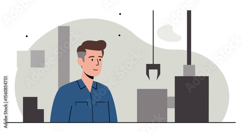 A modern flat design illustration features a worker overseeing the automated manufacturing process, ideal for a technology or industry-focused landing page or banner.