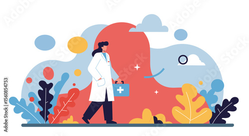a doctor in a white coat walking amidst a colorful, abstract landscape with plants and clouds. Suitable for landing page, banner, marketing, web design, presentation, infographic, etc.