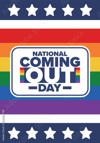 National Coming Out Day. Happy holiday. Pride month. LGBT rainbow flag. Diversity and equality. Gay and lesbian. Free love, heart shape. Illustration. Vector poster