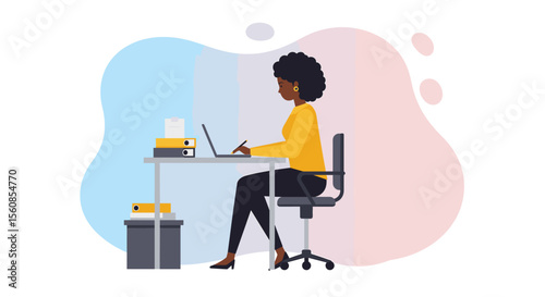 a woman sitting at a desk, working on a laptop, with a stack of papers and folders beside her. Suitable for landing page, banner, marketing, web design, presentation, infographic, etc.