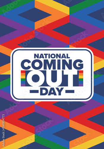 National Coming Out Day. Happy holiday. Pride month. LGBT rainbow flag. Diversity and equality. Gay and lesbian. Free love, heart shape. Illustration. Vector poster