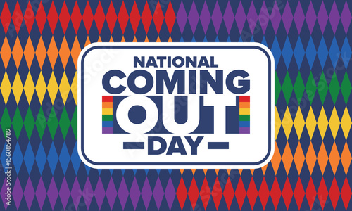 National Coming Out Day. Happy holiday. Pride month. LGBT rainbow flag. Diversity and equality. Gay and lesbian. Free love, heart shape. Illustration. Vector poster