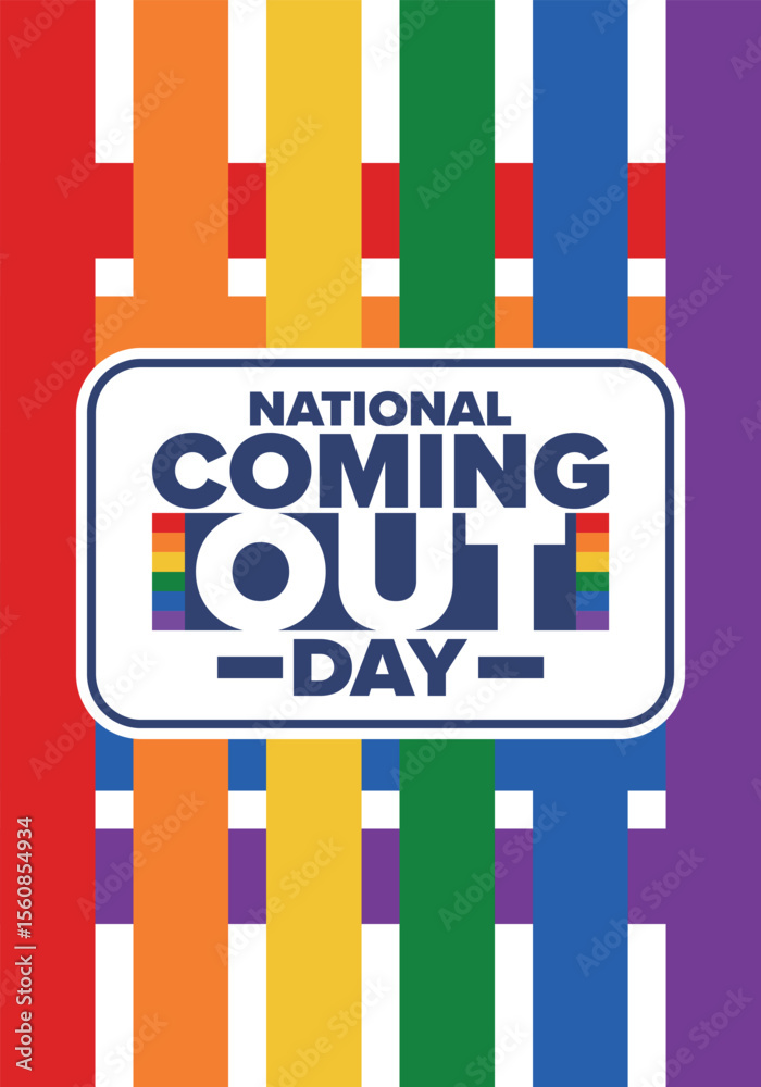 Fototapeta premium National Coming Out Day. Happy holiday. Pride month. LGBT rainbow flag. Diversity and equality. Gay and lesbian. Free love, heart shape. Illustration. Vector poster
