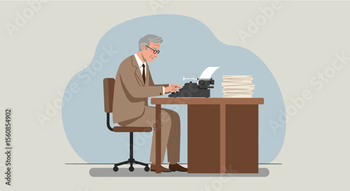 an older man in a suit sitting at a desk, typing on a typewriter with a stack of papers in front of him. Suitable for landing page, banner, marketing, web design, presentation, infographic, etc.