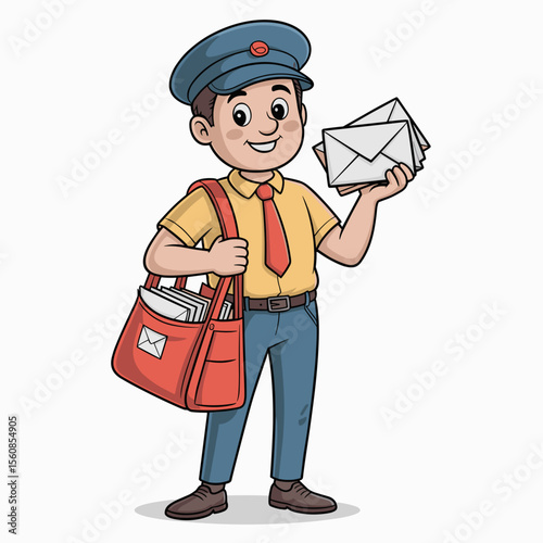 Cartoon Postman Carrying Mail and Smiling with Letters