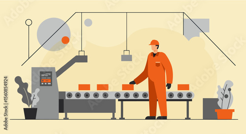 A modern flat design illustration showcases a factory worker overseeing the automated production line, ideal for a technology or industry-focused landing page banner.