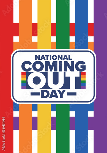 National Coming Out Day. Happy holiday. Pride month. LGBT rainbow flag. Diversity and equality. Gay and lesbian. Free love, heart shape. Illustration. Vector poster