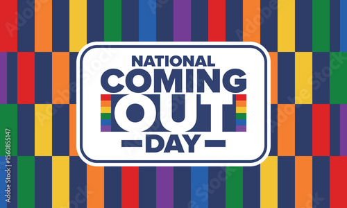 National Coming Out Day. Happy holiday. Pride month. LGBT rainbow flag. Diversity and equality. Gay and lesbian. Free love, heart shape. Illustration. Vector poster