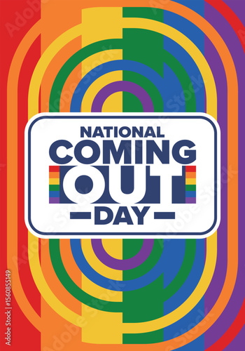 National Coming Out Day. Happy holiday. Pride month. LGBT rainbow flag. Diversity and equality. Gay and lesbian. Free love, heart shape. Illustration. Vector poster