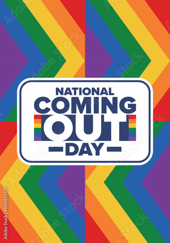 National Coming Out Day. Happy holiday. Pride month. LGBT rainbow flag. Diversity and equality. Gay and lesbian. Free love, heart shape. Illustration. Vector poster