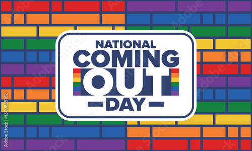 National Coming Out Day. Happy holiday. Pride month. LGBT rainbow flag. Diversity and equality. Gay and lesbian. Free love, heart shape. Illustration. Vector poster