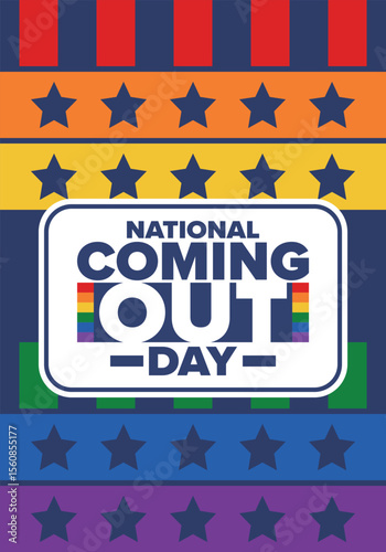 National Coming Out Day. Happy holiday. Pride month. LGBT rainbow flag. Diversity and equality. Gay and lesbian. Free love, heart shape. Illustration. Vector poster