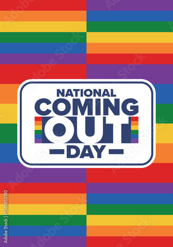 National Coming Out Day. Happy holiday. Pride month. LGBT rainbow flag. Diversity and equality. Gay and lesbian. Free love, heart shape. Illustration. Vector poster