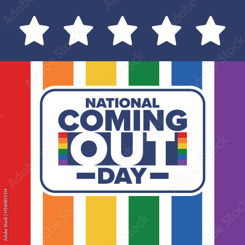 National Coming Out Day. Happy holiday. Pride month. LGBT rainbow flag. Diversity and equality. Gay and lesbian. Free love, heart shape. Illustration. Vector poster