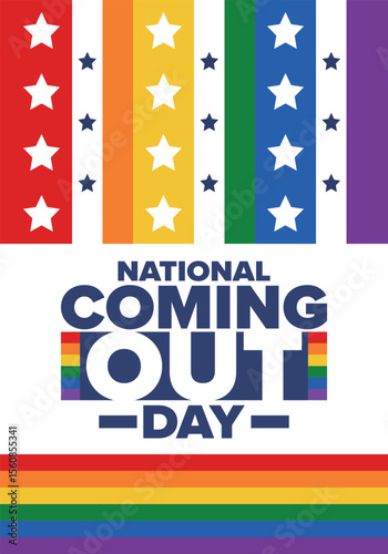National Coming Out Day. Happy holiday. Pride month. LGBT rainbow flag. Diversity and equality. Gay and lesbian. Free love, heart shape. Illustration. Vector poster