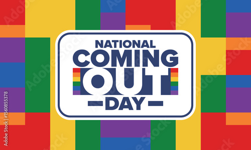 National Coming Out Day. Happy holiday. Pride month. LGBT rainbow flag. Diversity and equality. Gay and lesbian. Free love, heart shape. Illustration. Vector poster