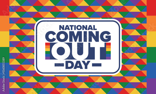National Coming Out Day. Happy holiday. Pride month. LGBT rainbow flag. Diversity and equality. Gay and lesbian. Free love, heart shape. Illustration. Vector poster