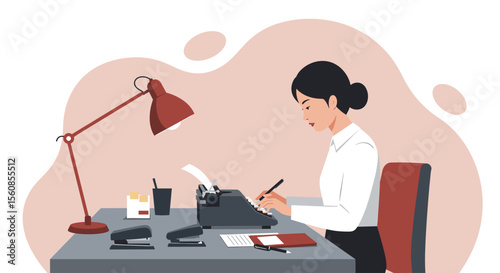 A woman is seated at a desk, typing on a typewriter with a red lamp illuminating her workspace. Suitable for landing page, banner, marketing, web design, presentation, infographic, etc.