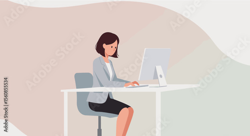 a woman sitting at a desk, working on a computer with a casual, relaxed posture. Suitable for landing page, banner, marketing, web design, presentation, infographic, etc.