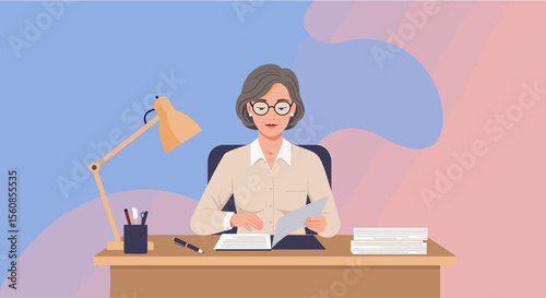 a woman sitting at a desk with a lamp, papers, and a laptop, wearing glasses and a white blouse. Suitable for landing page, banner, marketing, web design, presentation, infographic, etc.