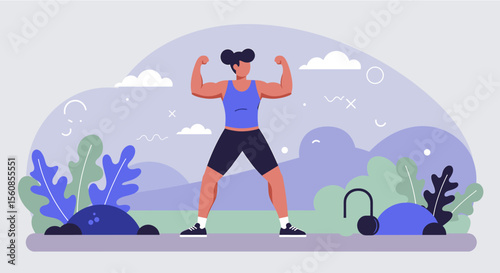 a muscular woman flexing her arms in a gym setting, surrounded by stylized plants and a cloudy sky. Suitable for landing page, banner, marketing, web design, presentation, infographic, etc.