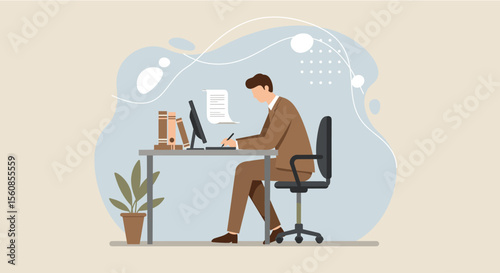 A man dressed in a brown suit is seated at a desk, working on a computer with a document open in front of him. Suitable for landing page, banner, marketing, web design, presentation, infographic, etc.
