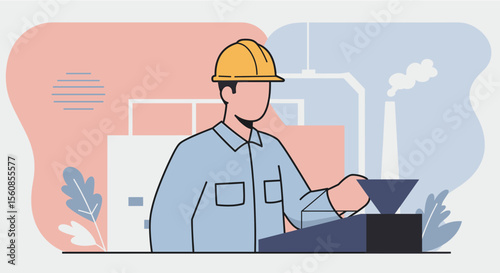 a construction worker wearing a hard hat, standing in front of a control panel with a plant in the background. Suitable for landing page, banner, marketing, web design, presentation, infographic, etc.