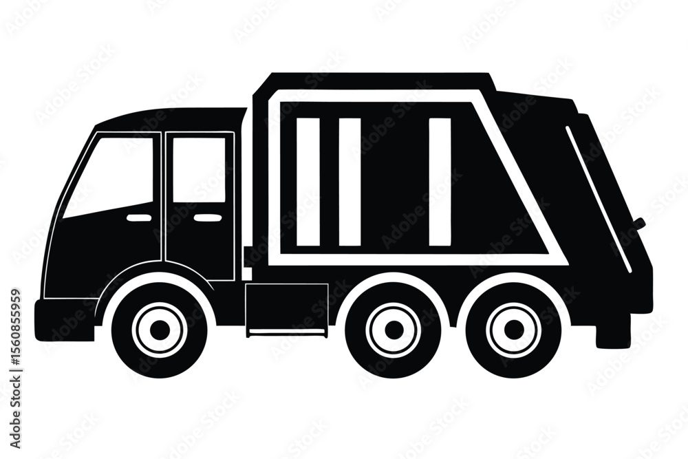 Fototapeta premium Black silhouette of a garbage truck featuring a cab and waste container, side view