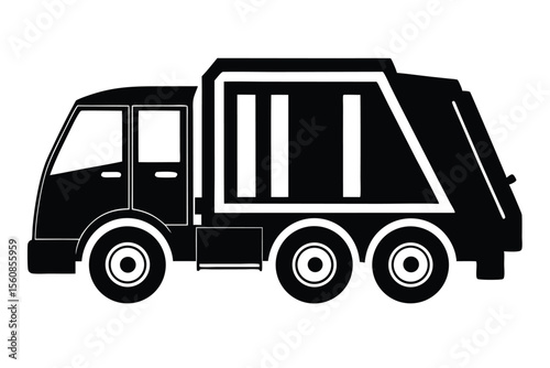 Black silhouette of a garbage truck featuring a cab and waste container, side view