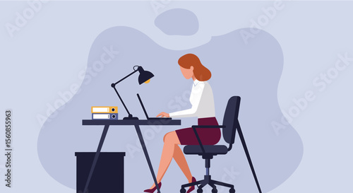 a woman sitting at a desk, working on a laptop with a lamp on the desk and a stack of books beside her. Suitable for landing page, banner, marketing, web design, presentation, infographic, etc.
