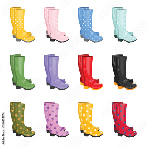 Set of rubber boots of different colors on patterns. Cute vector rubber garden boots on white isolated background.	
