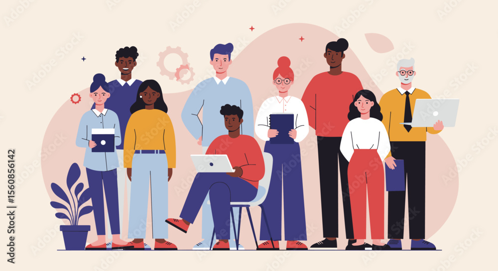 Obraz premium This vibrant flat design illustration showcases a diverse team of professionals collaborating, perfect for modern business, marketing, or web design projects.
