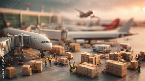 International Airport Cargo Terminal with Workers and Aircraft