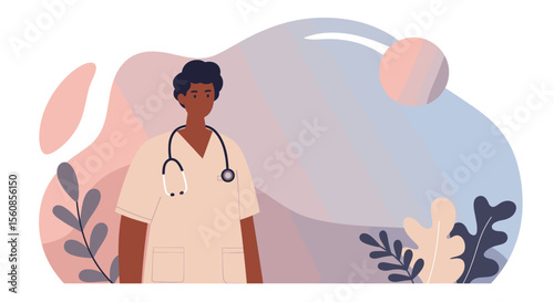 A flat design illustration depicts a healthcare professional with a stethoscope, set against a soft, abstract background, ideal for medical and wellness presentations.