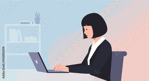 a woman in a business suit sitting at a desk, focused on working on a laptop computer. Suitable for landing page, banner, marketing, web design, presentation, infographic, etc.