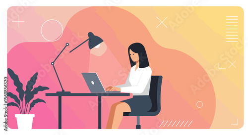 A woman is seated at a desk, focused on her laptop, with a lamp illuminating her workspace. Suitable for landing page, banner, marketing, web design, presentation, infographic, etc.