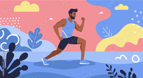 a man in a blue tank top and shorts running with a focused expression. Suitable for landing page, banner, marketing, web design, presentation, infographic, etc.